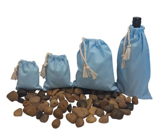 Reusable Carolina Blue Cotton Sachet Bag Collection – 4"x 6", 5"x 7", 8"x 10" & Wine Bag