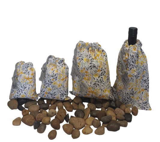 Reusable Floral Cotton Sachet Bag Collection – 4"x 6", 5"x 7", 8"x 10" & Wine Bag