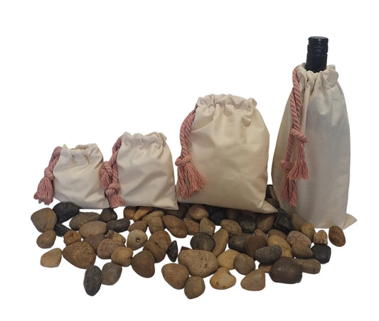 Reusable Tan Cotton Fabric Full Collection Sachet Bags (4"x 6", 5"x 7", 8"x 10") & Wine Bag